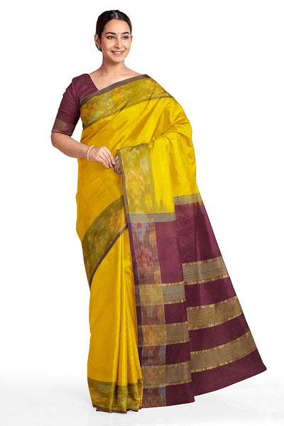 Handloom Uppada silk cotton saree in yellow  & brown