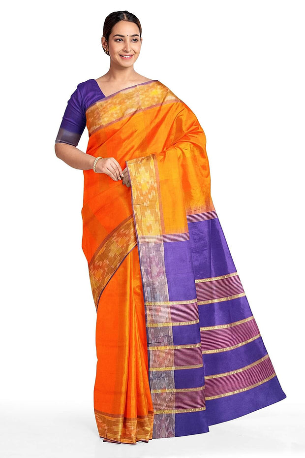 Handloom Uppada silk cotton saree in  Orange & Blue