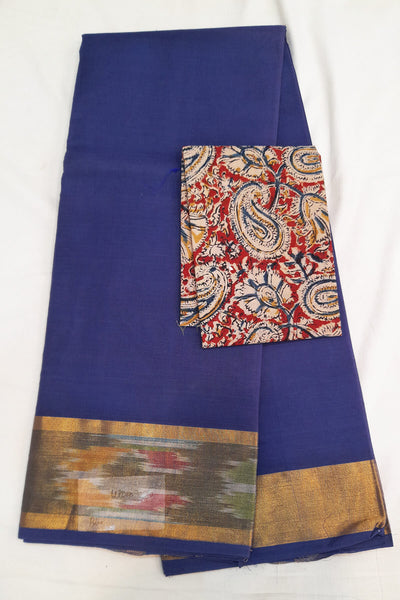 Handloom Uppada pure cotton saree in royal blue with ikat patterned border