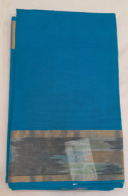 Handloom Uppada pure cotton saree in copper sulphate blue with ikat patterned border