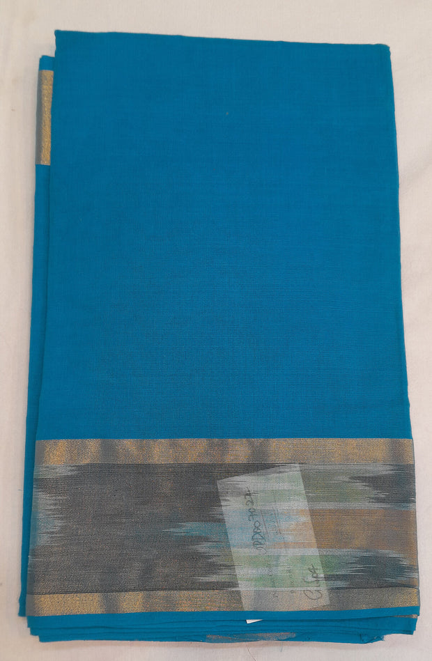 Handloom Uppada pure cotton saree in copper sulphate blue with ikat patterned border