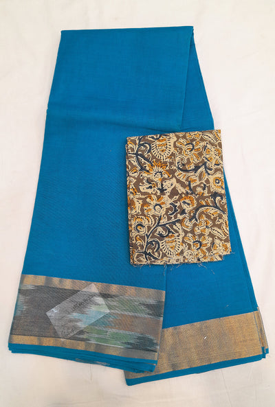 Handloom Uppada pure cotton saree in copper sulphate blue with ikat patterned border